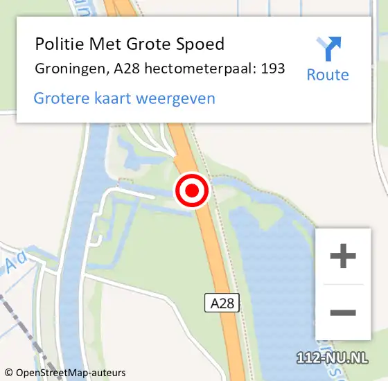 Locatie op kaart van de 112 melding: Politie Met Grote Spoed Naar Groningen, A28 hectometerpaal: 193 op 13 augustus 2022 23:48