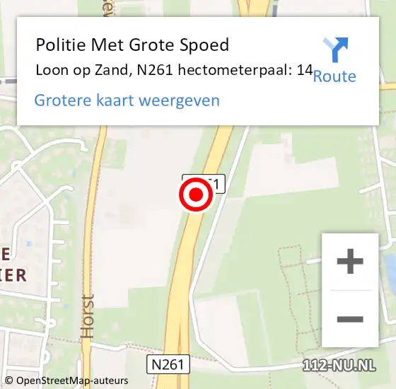 Locatie op kaart van de 112 melding: Politie Met Grote Spoed Naar Loon op Zand, N261 hectometerpaal: 14 op 14 augustus 2022 00:37