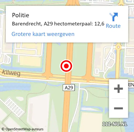 Locatie op kaart van de 112 melding: Politie Barendrecht, A29 hectometerpaal: 12,6 op 14 augustus 2022 01:48