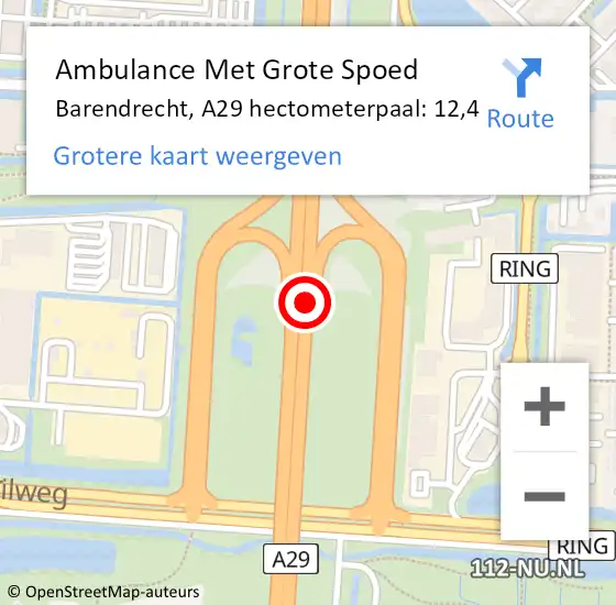 Locatie op kaart van de 112 melding: Ambulance Met Grote Spoed Naar Barendrecht, A29 hectometerpaal: 12,4 op 14 augustus 2022 01:53