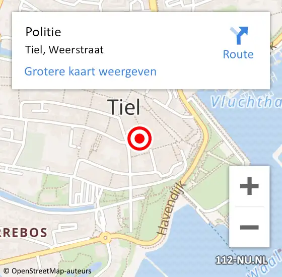 Locatie op kaart van de 112 melding: Politie Tiel, Weerstraat op 14 augustus 2022 04:34