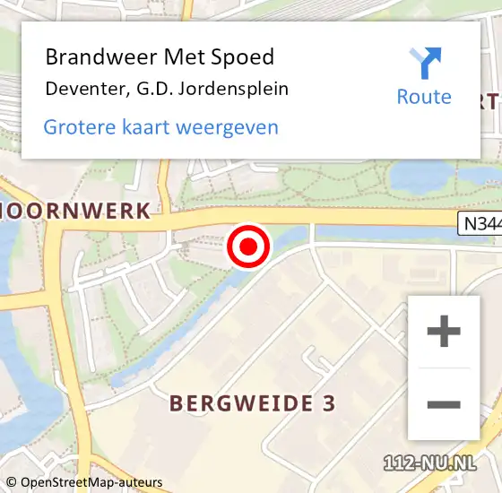 Locatie op kaart van de 112 melding: Brandweer Met Spoed Naar Deventer, G.D. Jordensplein op 14 augustus 2022 09:00