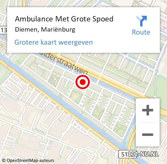 Locatie op kaart van de 112 melding: Ambulance Met Grote Spoed Naar Diemen, Mariënburg op 14 augustus 2022 10:10