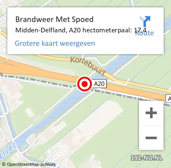 Locatie op kaart van de 112 melding: Brandweer Met Spoed Naar Midden-Delfland, A20 hectometerpaal: 17,4 op 14 augustus 2022 12:22