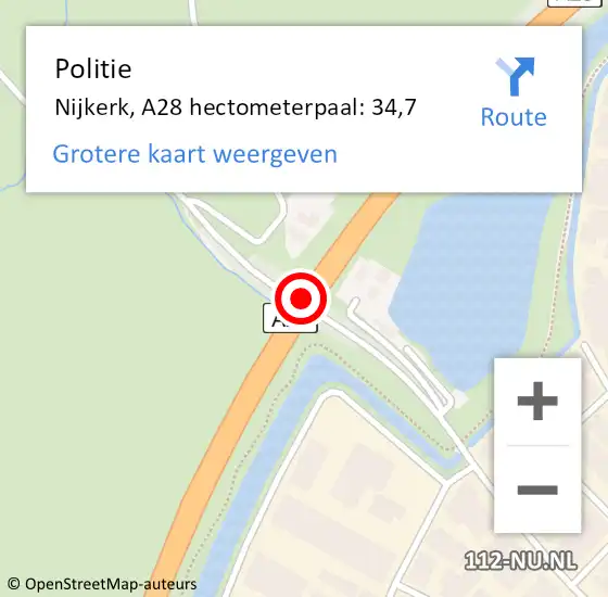 Locatie op kaart van de 112 melding: Politie Nijkerk, A28 hectometerpaal: 34,7 op 14 augustus 2022 12:29