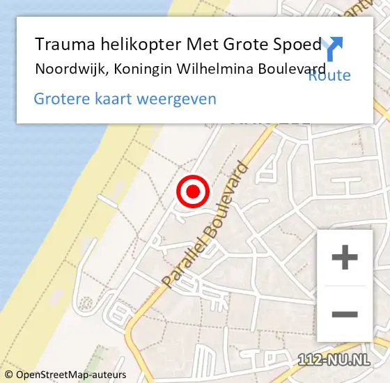 Locatie op kaart van de 112 melding: Trauma helikopter Met Grote Spoed Naar Noordwijk, Koningin Wilhelmina Boulevard op 14 augustus 2022 13:24