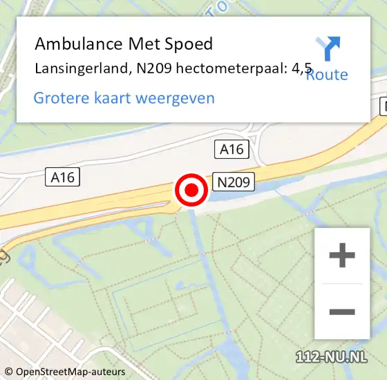Locatie op kaart van de 112 melding: Ambulance Met Spoed Naar Lansingerland, N209 hectometerpaal: 4,5 op 14 augustus 2022 13:25