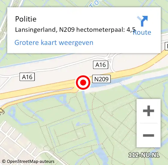 Locatie op kaart van de 112 melding: Politie Lansingerland, N209 hectometerpaal: 4,5 op 14 augustus 2022 13:26