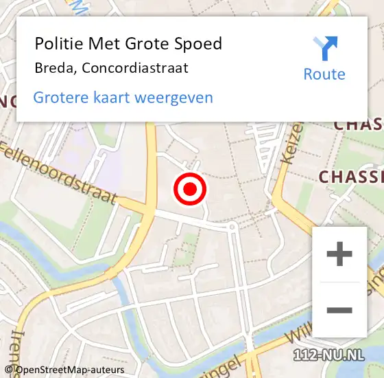 Locatie op kaart van de 112 melding: Politie Met Grote Spoed Naar Breda, Concordiastraat op 14 augustus 2022 13:30