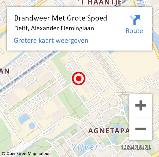 Locatie op kaart van de 112 melding: Brandweer Met Grote Spoed Naar Delft, Alexander Fleminglaan op 14 augustus 2022 13:58