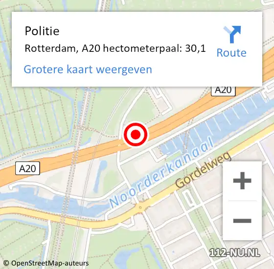 Locatie op kaart van de 112 melding: Politie Rotterdam, A20 hectometerpaal: 30,1 op 14 augustus 2022 14:06