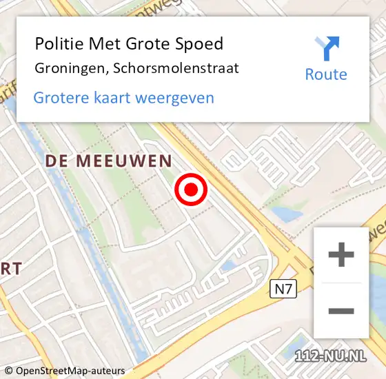 Locatie op kaart van de 112 melding: Politie Met Grote Spoed Naar Groningen, Schorsmolenstraat op 14 augustus 2022 14:13