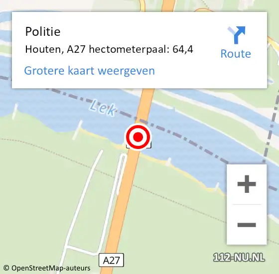Locatie op kaart van de 112 melding: Politie Houten, A27 hectometerpaal: 64,4 op 14 augustus 2022 14:29