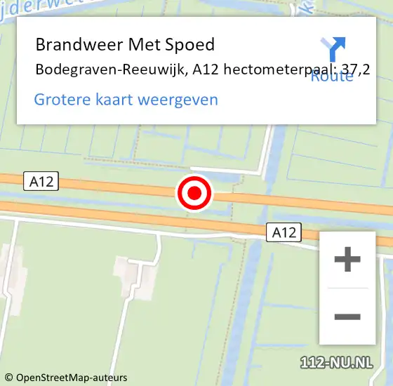 Locatie op kaart van de 112 melding: Brandweer Met Spoed Naar Bodegraven-Reeuwijk, A12 hectometerpaal: 37,2 op 14 augustus 2022 14:38
