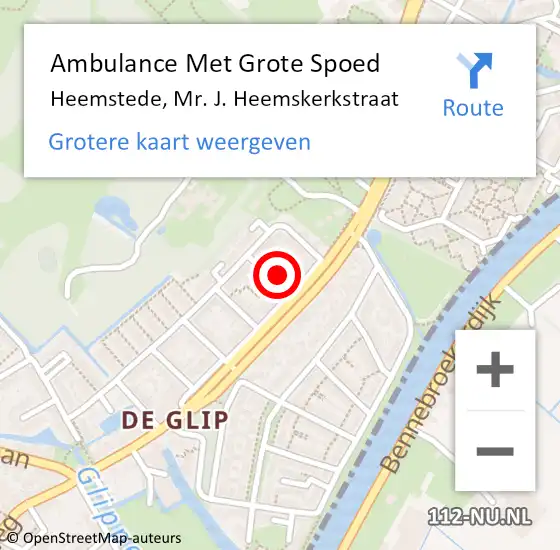 Locatie op kaart van de 112 melding: Ambulance Met Grote Spoed Naar Heemstede, Mr. J. Heemskerkstraat op 14 augustus 2022 14:39