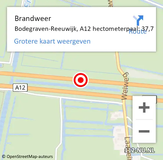 Locatie op kaart van de 112 melding: Brandweer Bodegraven-Reeuwijk, A12 hectometerpaal: 37,7 op 14 augustus 2022 15:31