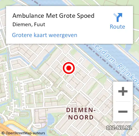 Locatie op kaart van de 112 melding: Ambulance Met Grote Spoed Naar Diemen, Fuut op 14 augustus 2022 15:44