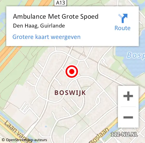 Locatie op kaart van de 112 melding: Ambulance Met Grote Spoed Naar Den Haag, Guirlande op 14 augustus 2022 16:29