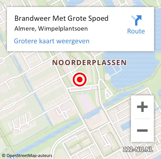 Locatie op kaart van de 112 melding: Brandweer Met Grote Spoed Naar Almere, Wimpelplantsoen op 14 augustus 2022 16:58