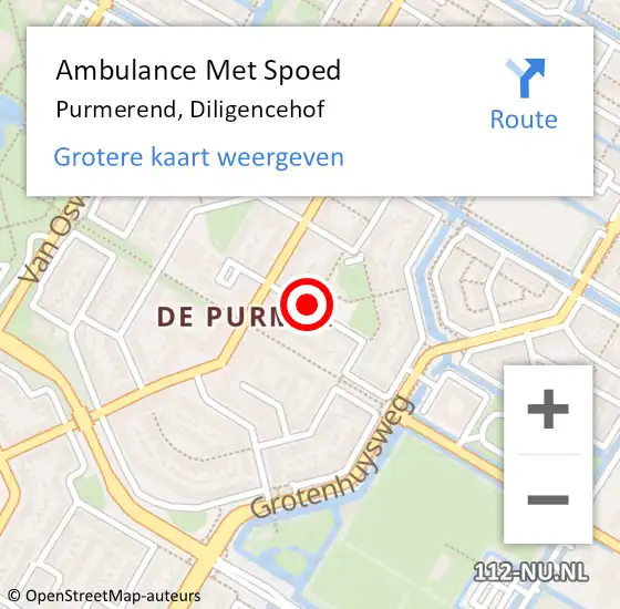 Locatie op kaart van de 112 melding: Ambulance Met Spoed Naar Purmerend, Diligencehof op 14 augustus 2022 17:17