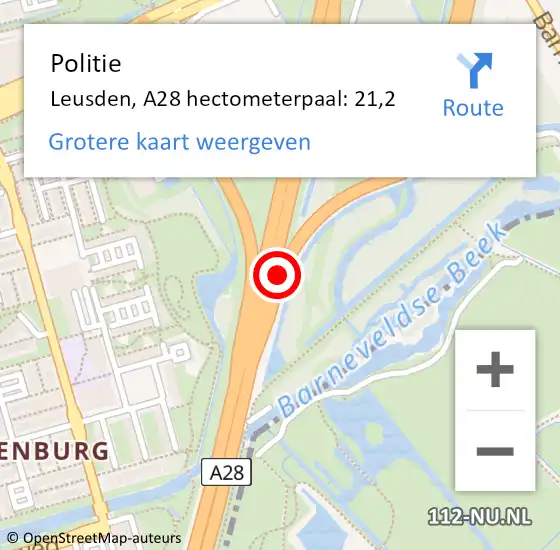 Locatie op kaart van de 112 melding: Politie Leusden, A28 hectometerpaal: 21,2 op 14 augustus 2022 17:20