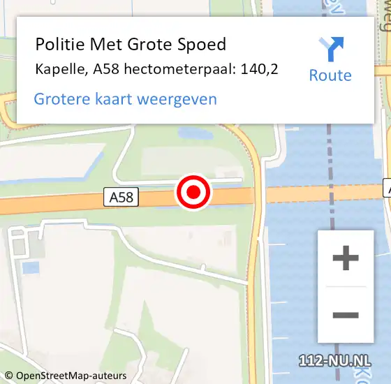 Locatie op kaart van de 112 melding: Politie Met Grote Spoed Naar Kapelle, A58 hectometerpaal: 140,2 op 14 augustus 2022 19:38
