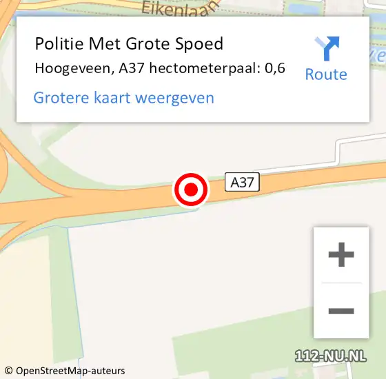 Locatie op kaart van de 112 melding: Politie Met Grote Spoed Naar Hoogeveen, A37 hectometerpaal: 0,6 op 14 augustus 2022 20:06