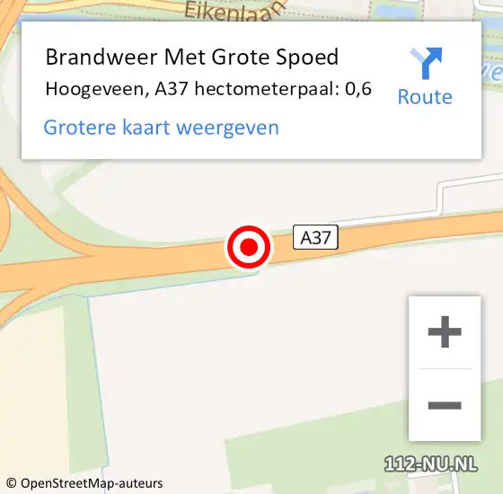 Locatie op kaart van de 112 melding: Brandweer Met Grote Spoed Naar Hoogeveen, A37 hectometerpaal: 0,6 op 14 augustus 2022 20:07