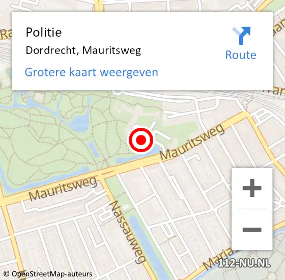 Locatie op kaart van de 112 melding: Politie Dordrecht, Mauritsweg op 14 augustus 2022 20:49