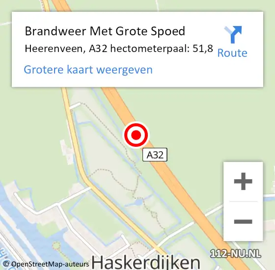 Locatie op kaart van de 112 melding: Brandweer Met Grote Spoed Naar Heerenveen, A32 hectometerpaal: 51,8 op 14 augustus 2022 21:16