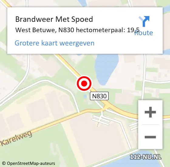 Locatie op kaart van de 112 melding: Brandweer Met Spoed Naar West Betuwe, N830 hectometerpaal: 19,5 op 14 augustus 2022 22:04