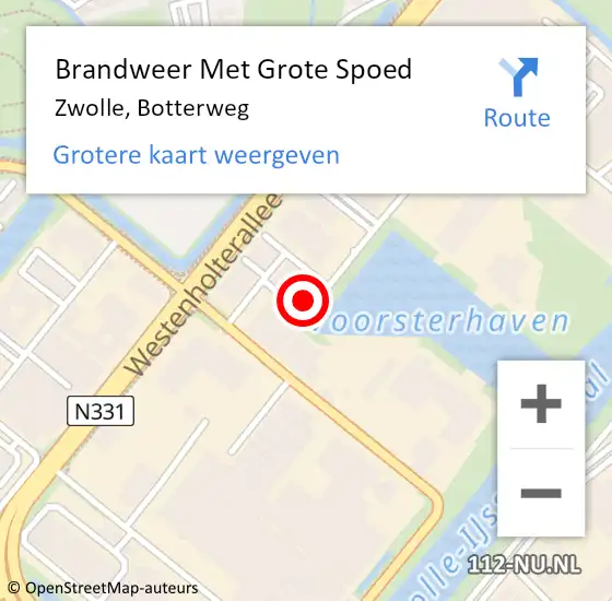 Locatie op kaart van de 112 melding: Brandweer Met Grote Spoed Naar Zwolle, Botterweg op 15 augustus 2022 00:21