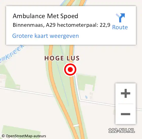 Locatie op kaart van de 112 melding: Ambulance Met Spoed Naar Binnenmaas, A29 hectometerpaal: 22,9 op 15 augustus 2022 00:49