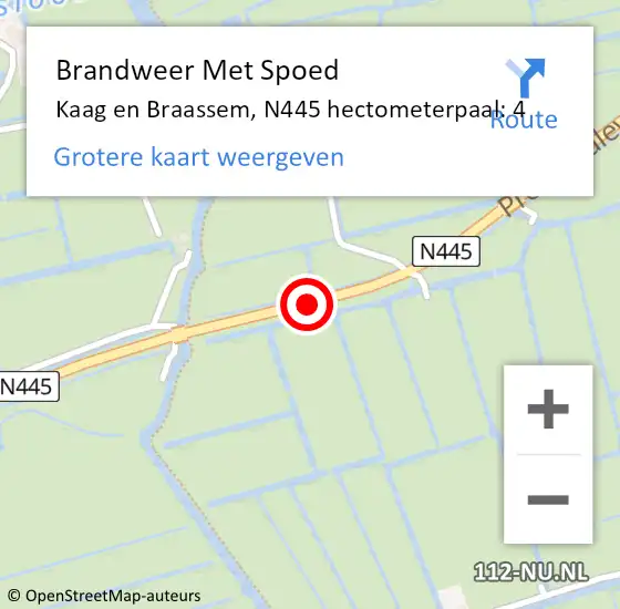 Locatie op kaart van de 112 melding: Brandweer Met Spoed Naar Kaag en Braassem, N445 hectometerpaal: 4 op 15 augustus 2022 07:25
