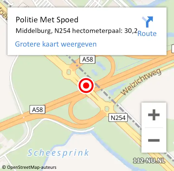 Locatie op kaart van de 112 melding: Politie Met Spoed Naar Middelburg, N254 hectometerpaal: 30,2 op 15 augustus 2022 08:28