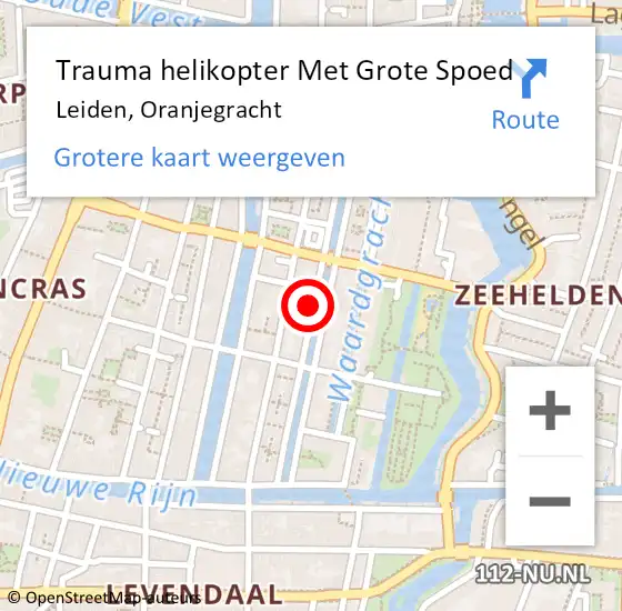 Locatie op kaart van de 112 melding: Trauma helikopter Met Grote Spoed Naar Leiden, Oranjegracht op 15 augustus 2022 11:06