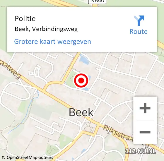 Locatie op kaart van de 112 melding: Politie Beek, Verbindingsweg op 15 augustus 2022 11:24