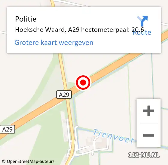 Locatie op kaart van de 112 melding: Politie Binnenmaas, A29 hectometerpaal: 20,6 op 15 augustus 2022 11:25