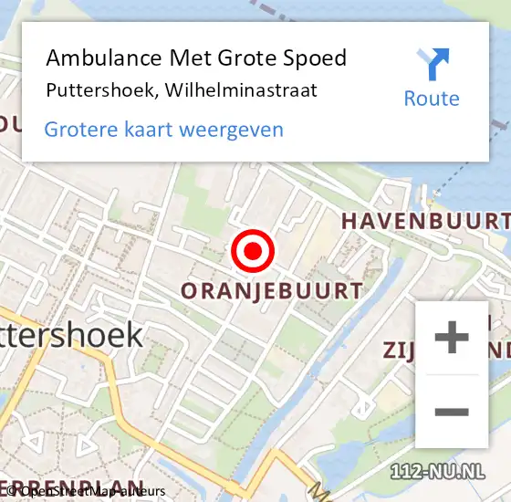 Locatie op kaart van de 112 melding: Ambulance Met Grote Spoed Naar Puttershoek, Wilhelminastraat op 15 augustus 2022 12:17