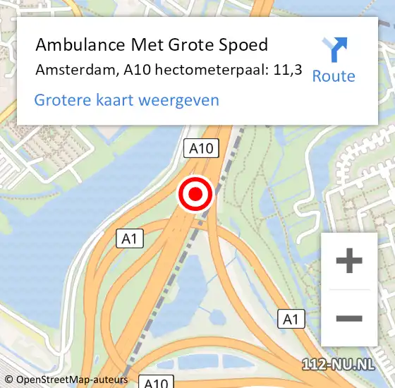 Locatie op kaart van de 112 melding: Ambulance Met Grote Spoed Naar Amsterdam, A10 hectometerpaal: 11,3 op 15 augustus 2022 12:37