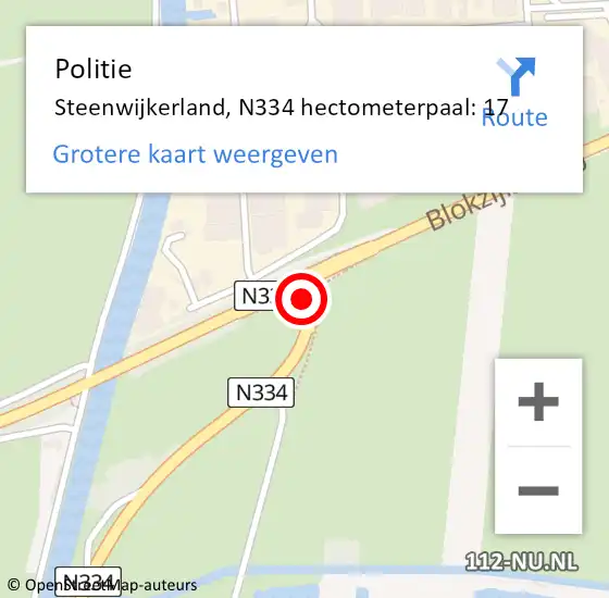 Locatie op kaart van de 112 melding: Politie Steenwijkerland, N334 hectometerpaal: 17 op 15 augustus 2022 13:13