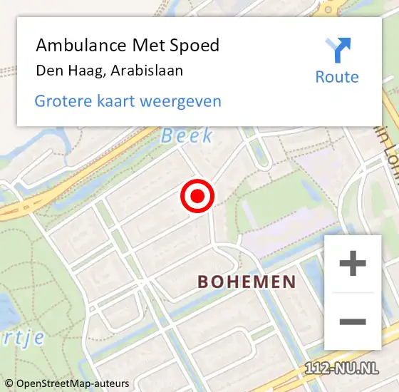 Locatie op kaart van de 112 melding: Ambulance Met Spoed Naar Den Haag, Arabislaan op 15 augustus 2022 13:35