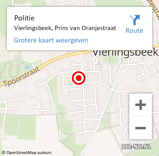 Locatie op kaart van de 112 melding: Politie Vierlingsbeek, Prins van Oranjestraat op 15 augustus 2022 14:21