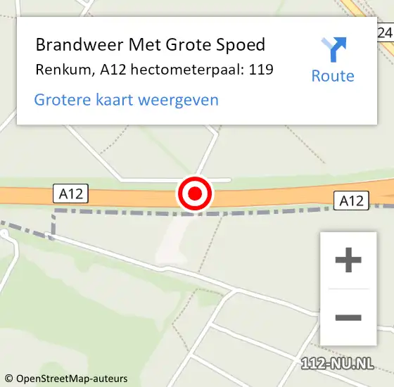 Locatie op kaart van de 112 melding: Brandweer Met Grote Spoed Naar Renkum, A12 hectometerpaal: 119 op 15 augustus 2022 14:42