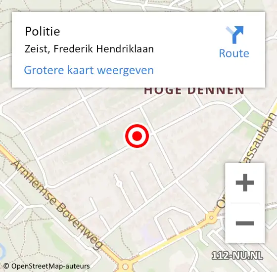 Locatie op kaart van de 112 melding: Politie Zeist, Frederik Hendriklaan op 15 augustus 2022 15:58
