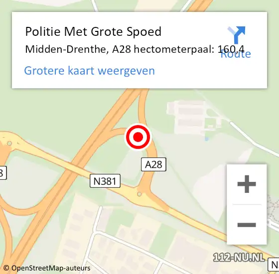 Locatie op kaart van de 112 melding: Politie Met Grote Spoed Naar Midden-Drenthe, A28 hectometerpaal: 160,4 op 15 augustus 2022 16:41