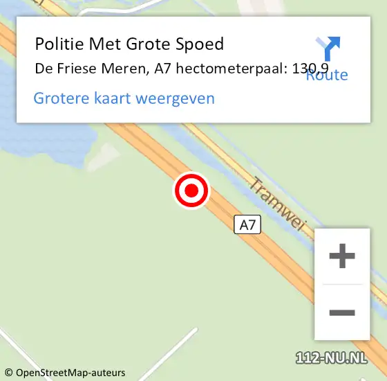 Locatie op kaart van de 112 melding: Politie Met Grote Spoed Naar De Fryske Marren, A7 hectometerpaal: 130,9 op 15 augustus 2022 17:54