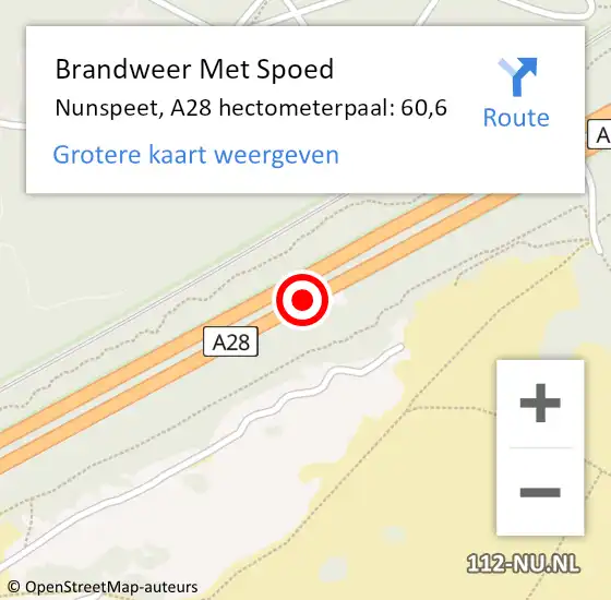 Locatie op kaart van de 112 melding: Brandweer Met Spoed Naar Nunspeet, A28 hectometerpaal: 60,6 op 15 augustus 2022 17:57