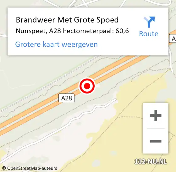 Locatie op kaart van de 112 melding: Brandweer Met Grote Spoed Naar Nunspeet, A28 hectometerpaal: 60,6 op 15 augustus 2022 17:58