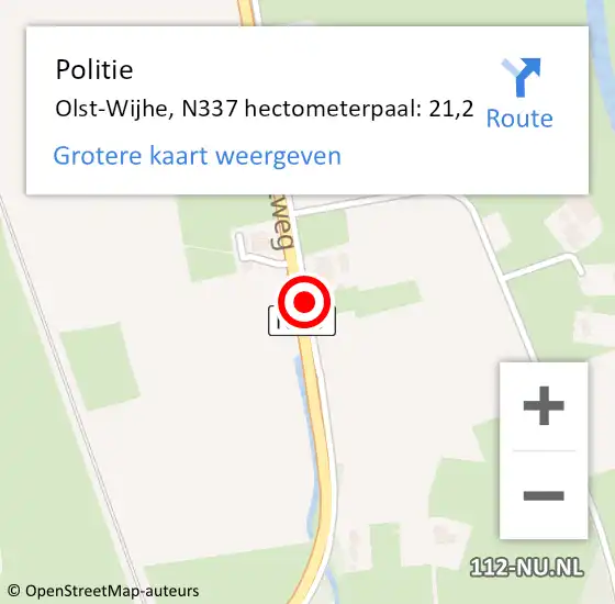 Locatie op kaart van de 112 melding: Politie Olst-Wijhe, N337 hectometerpaal: 21,2 op 15 augustus 2022 18:08